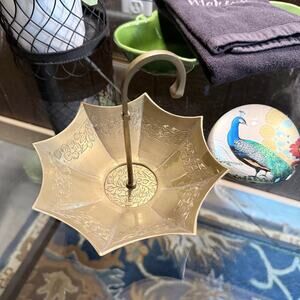 Vintage Etched Brass Umbrella Trinket Dish Handcrafted in India - Floral Design